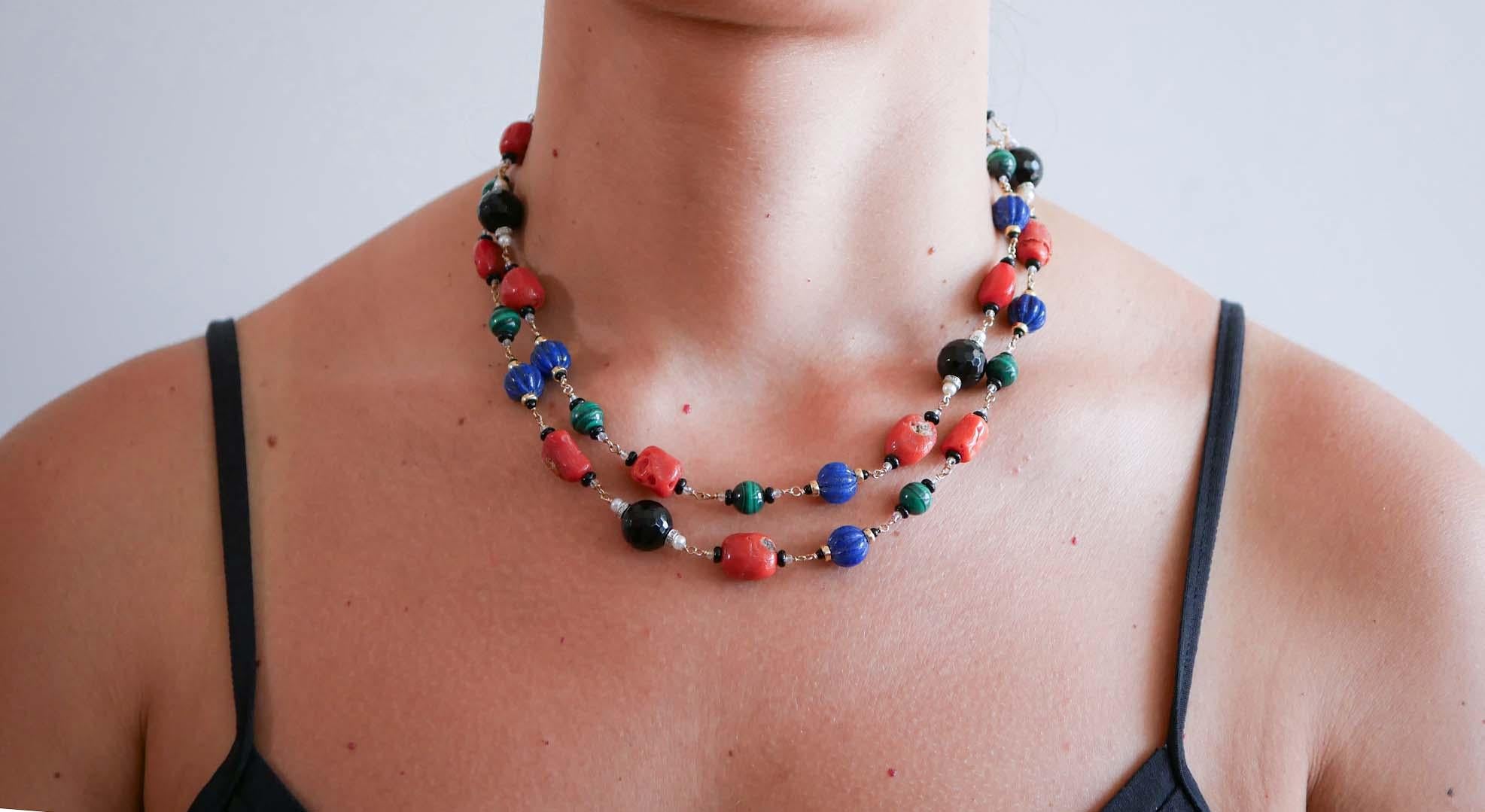 Coral, Lapis, Malakite, Onyx, Diamonds, Pearls, Rock Crystal, Gold Necklace. For Sale 2