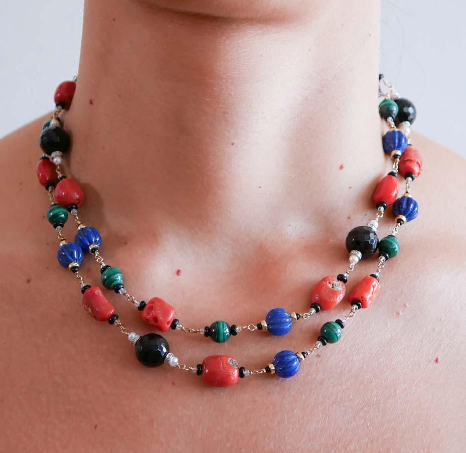 Coral, Lapis, Malakite, Onyx, Diamonds, Pearls, Rock Crystal, Gold Necklace. For Sale 3