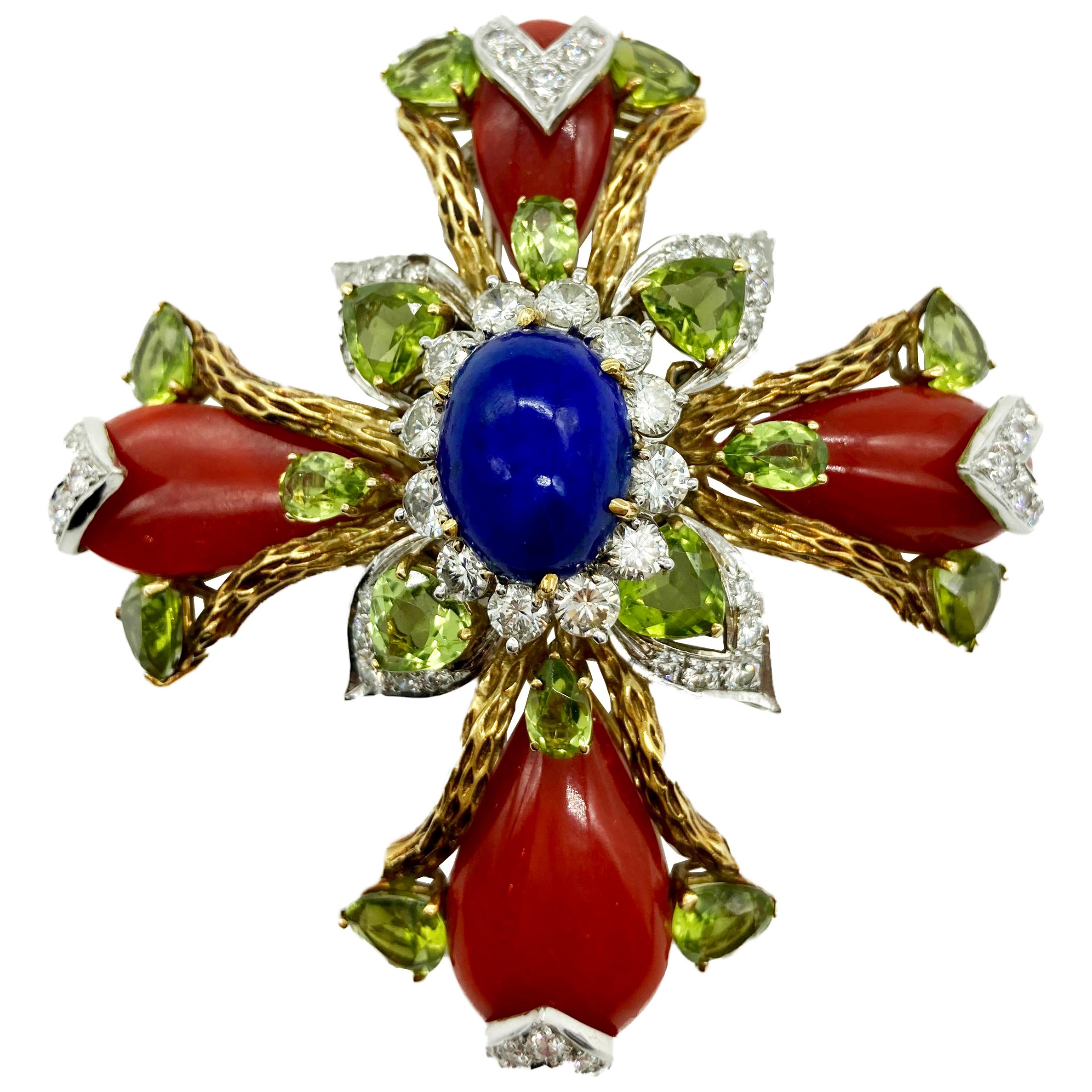 Coral, Lapis, Peridot, and Diamond Cross Statement Brooch For Sale