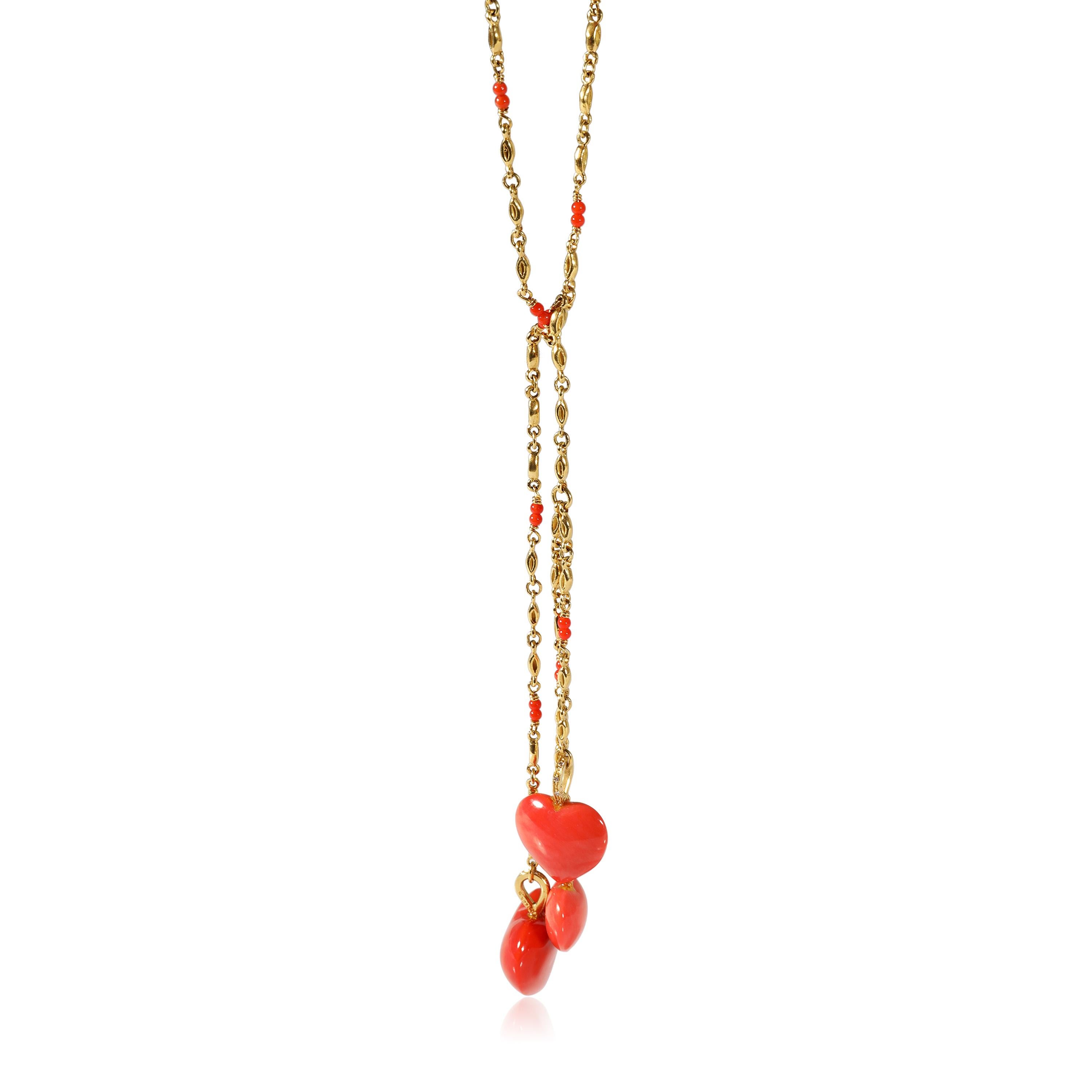 Women's or Men's Coral Lariat Necklace with Hearts Necklace in 20k Yellow Gold For Sale