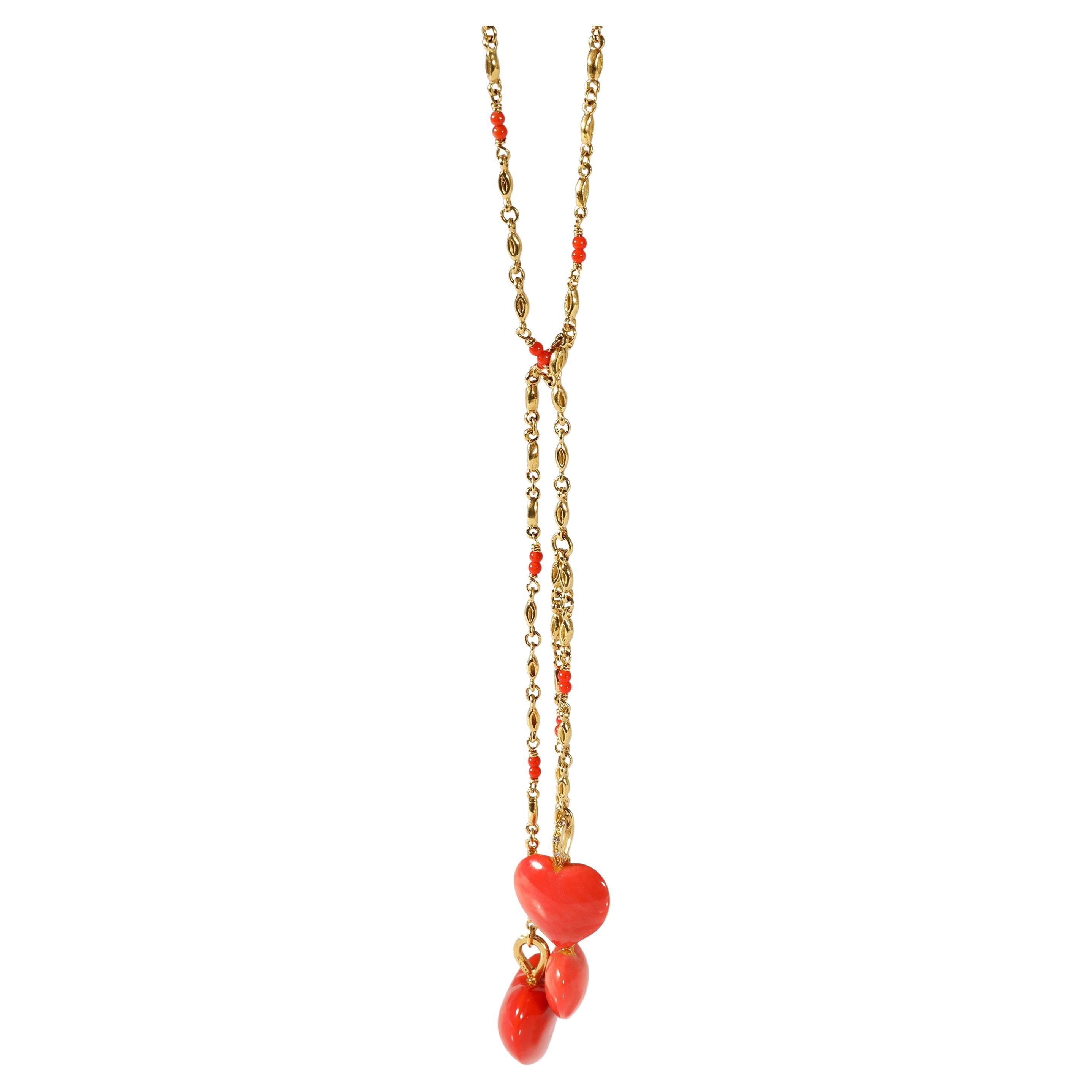 Coral Lariat Necklace with Hearts Necklace in 20k Yellow Gold