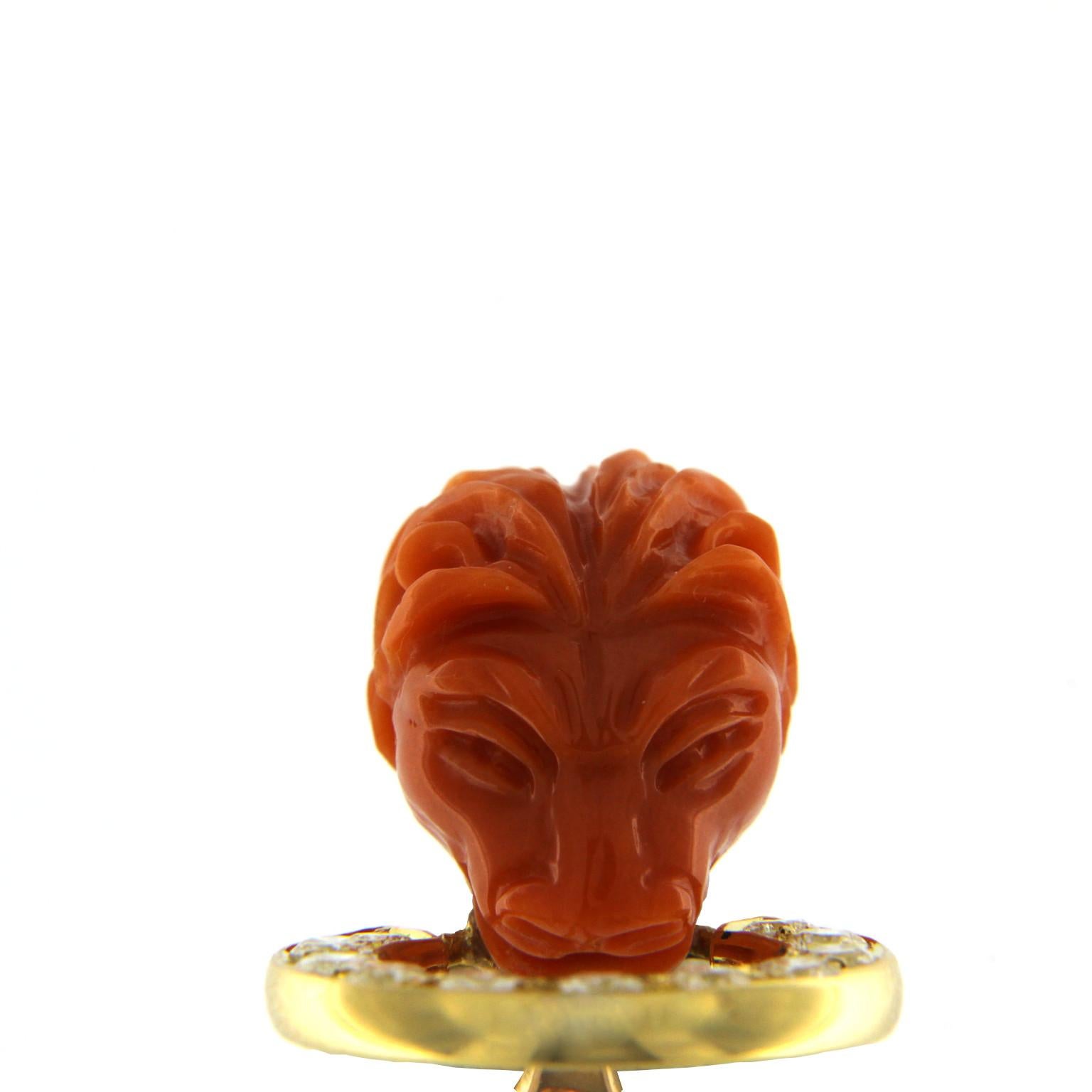 Etruscan Revival Coral Lion on 18 Karat Earrings with Diamonds