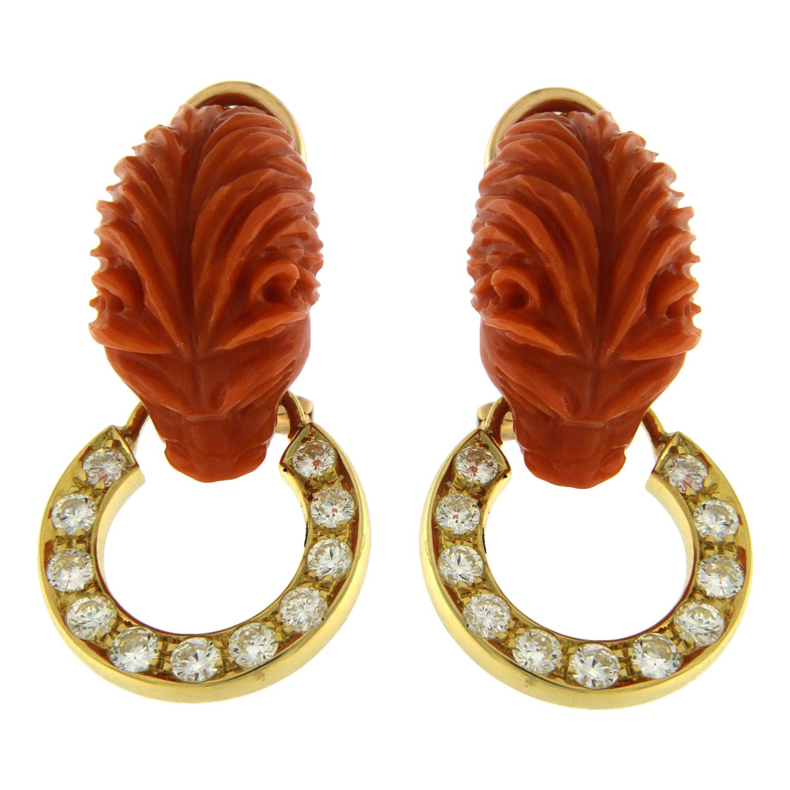 Coral Lion on 18 Karat Earrings with Diamonds