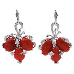 Coral, Little Diamonds, 14 Karat White Gold Lever Back or Dangle Earrings