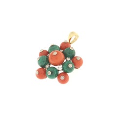 Coral Malachite Diamonds Yellow Gold 18 Karat Pendant