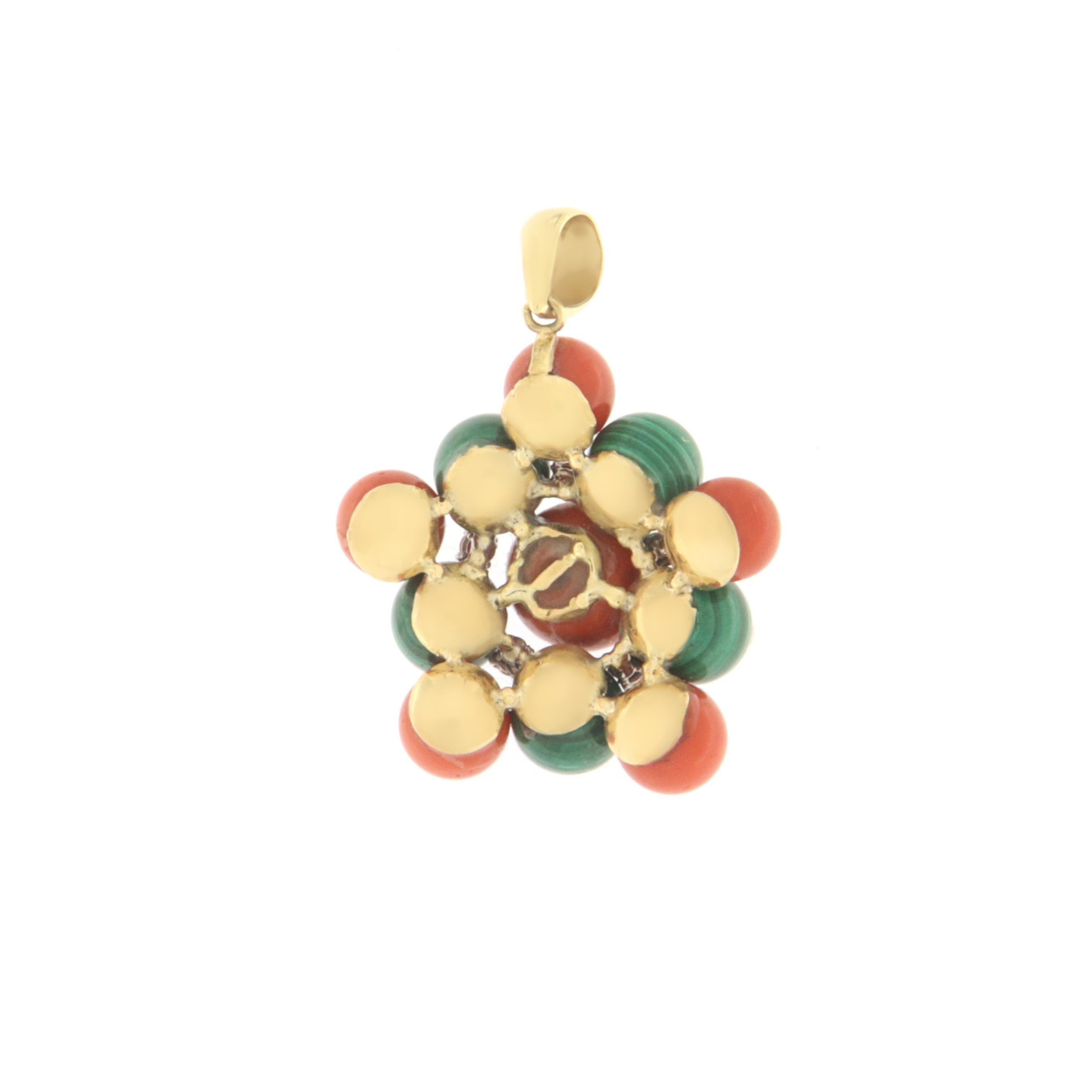 Artisan Coral Malachite Diamonds Yellow Gold 18 Karat Pendant Necklace For Sale