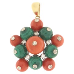 Vintage Coral Malachite Diamonds Yellow Gold 18 Karat Pendant Necklace