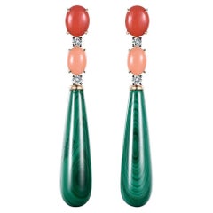 Coral Malachite Natts Diamond Drop Earrings in 14 Karat Yellow Gold
