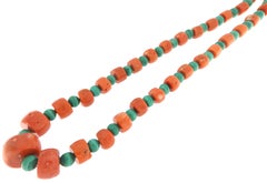 Coral Malachite Silver Beaded Necklace