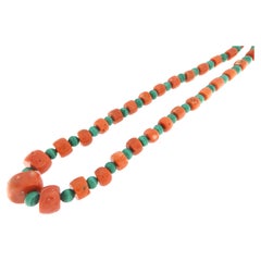 Coral Malachite Silver Beaded Necklace