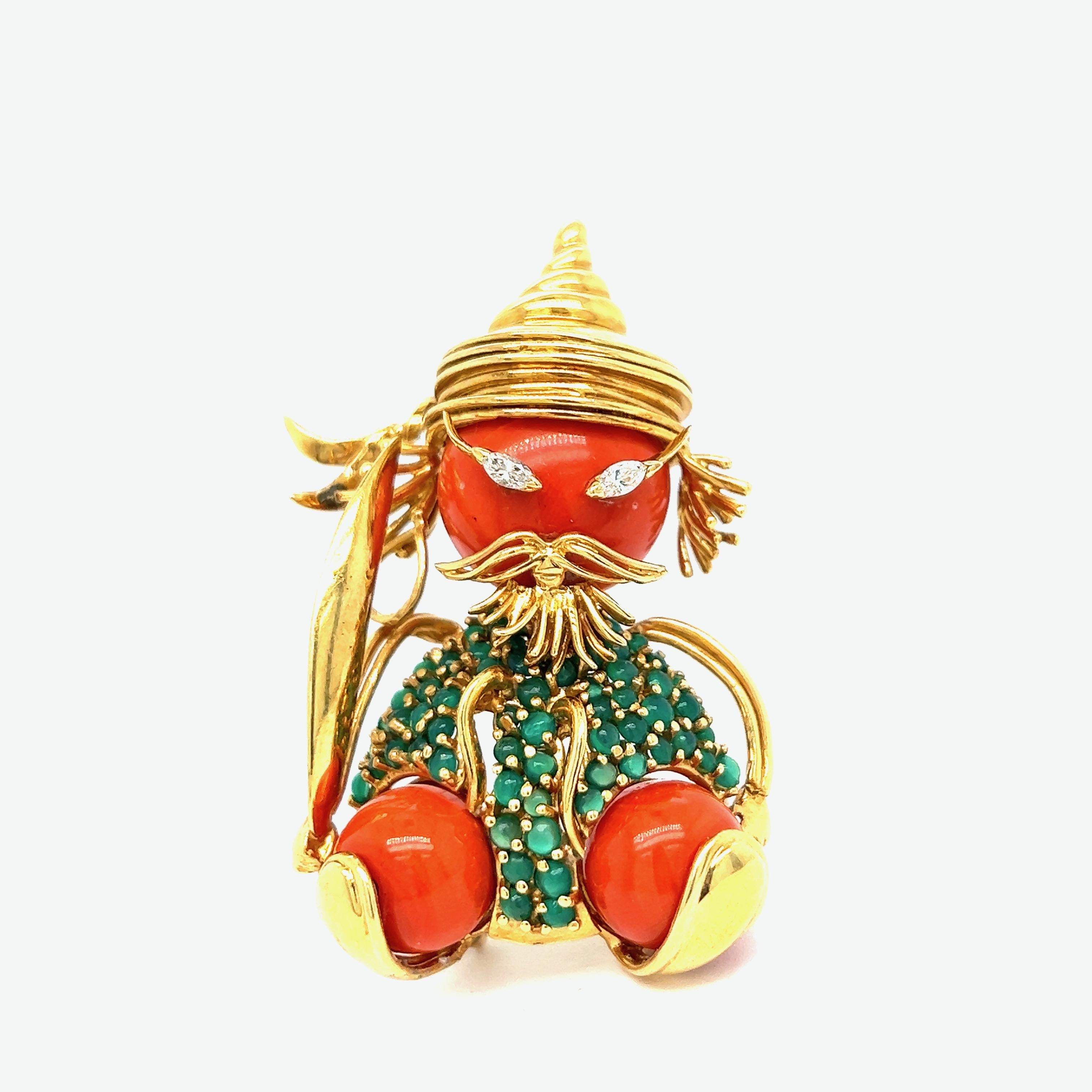 Coral man diamond gold brooch

Marquise-shaped diamonds of approximately 0.10 carat, coral beads, chrysoprase cabochons, 18 karat yellow gold; marked Parisian, 18k, Dessin

Size: width 1.38 inches, length 2 inches
Total weight: 29.0 grams