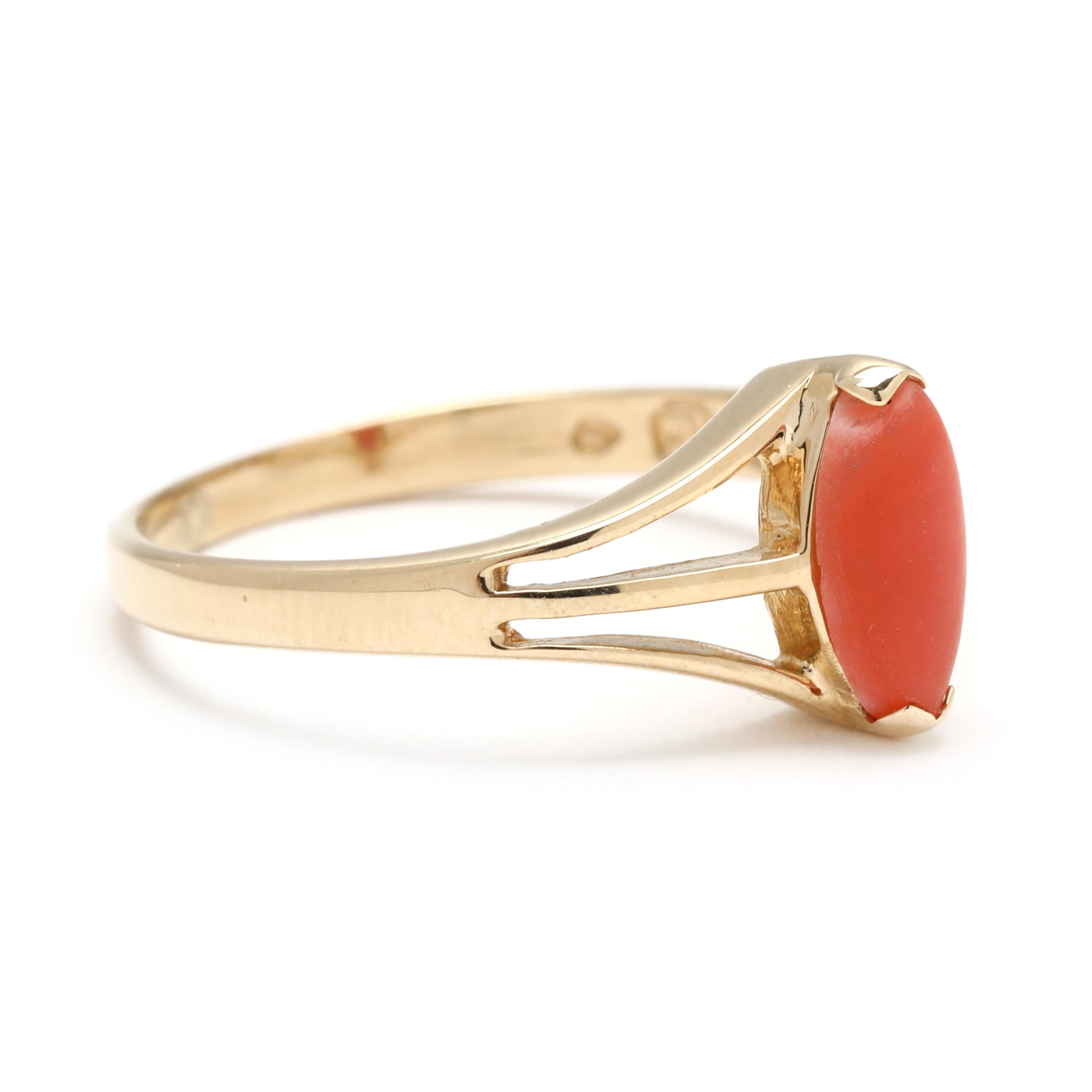 Pietre:
corallo, 1 pietra
marquise cabochon
8 x 3.7 mm

Anello misura 4,5

Lunghezza: 8,3 mm

Peso: .9 dwts. / 1,4 grammi

Un paio di cose da notare:
* Questo è un articolo vintage e può presentare segni di usura. È stato pulito.
* Non esitare a