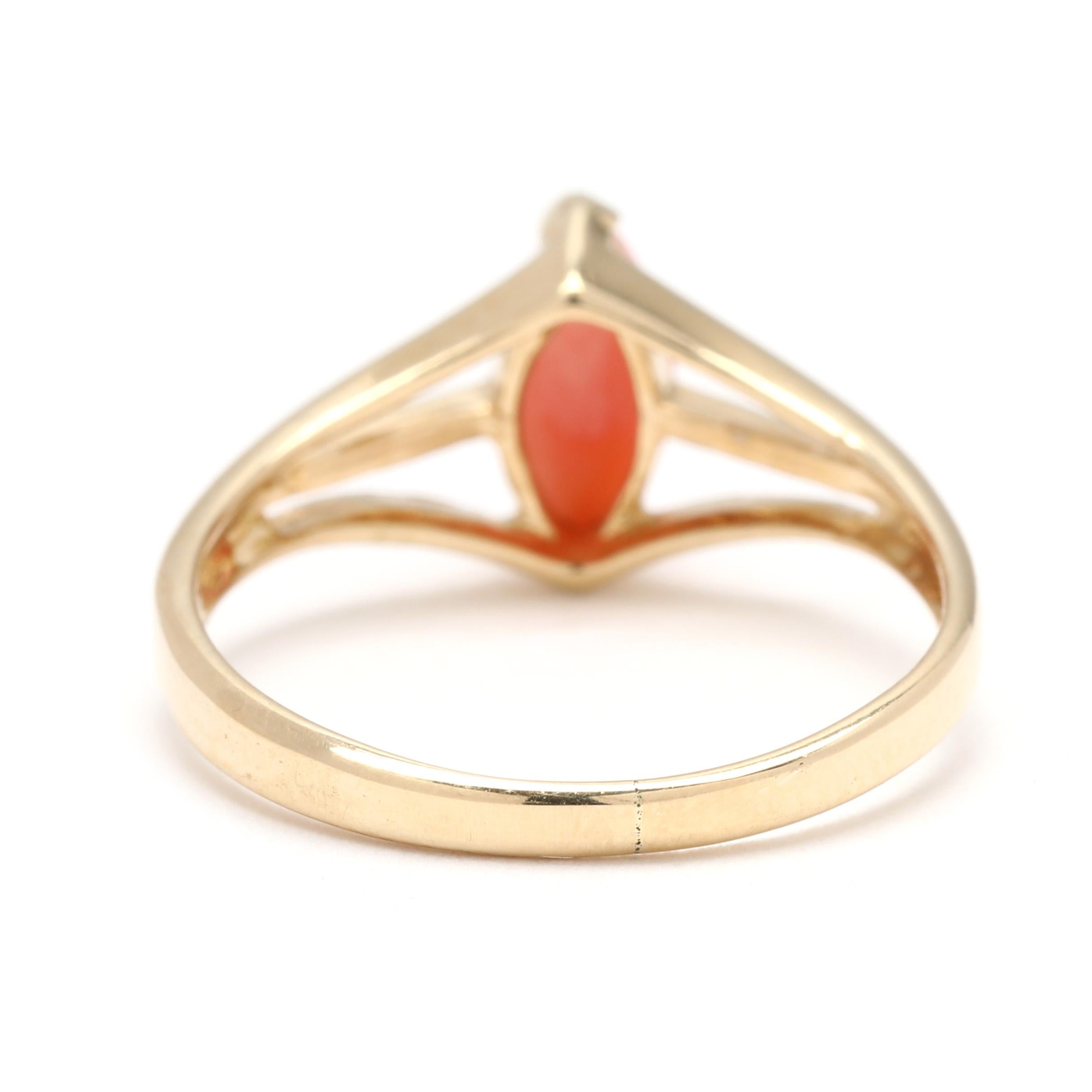Koralle Marquise Navette Ring, 14k Gelbgold, Ring Größe 4,5 (Marquiseschliff) im Angebot