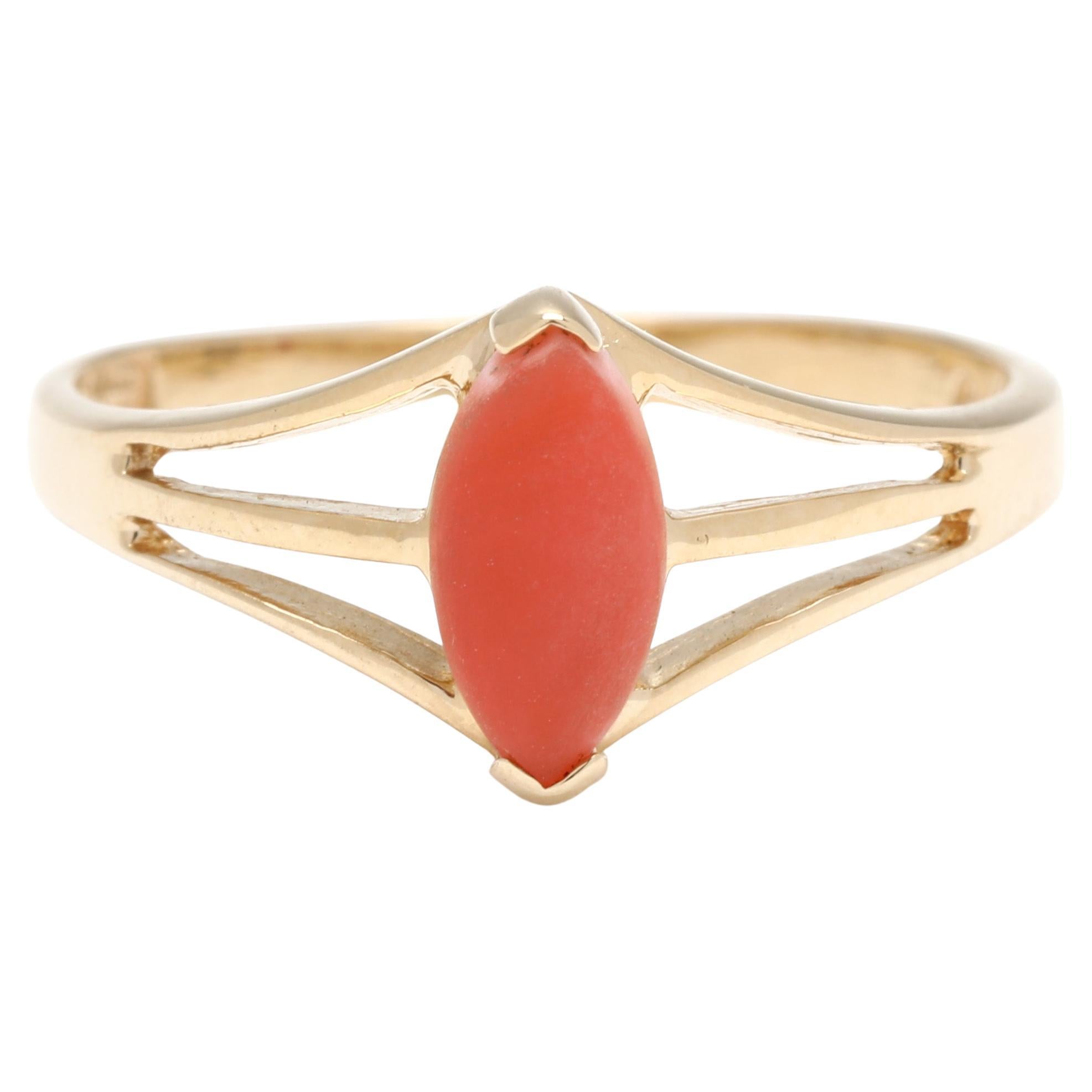 Coral Marquise Navette Ring, 14k Yellow Gold, Ring Size 4.5