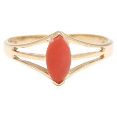 Coral Marquise Navette Ring, 14k Yellow Gold, Ring Size 4.5