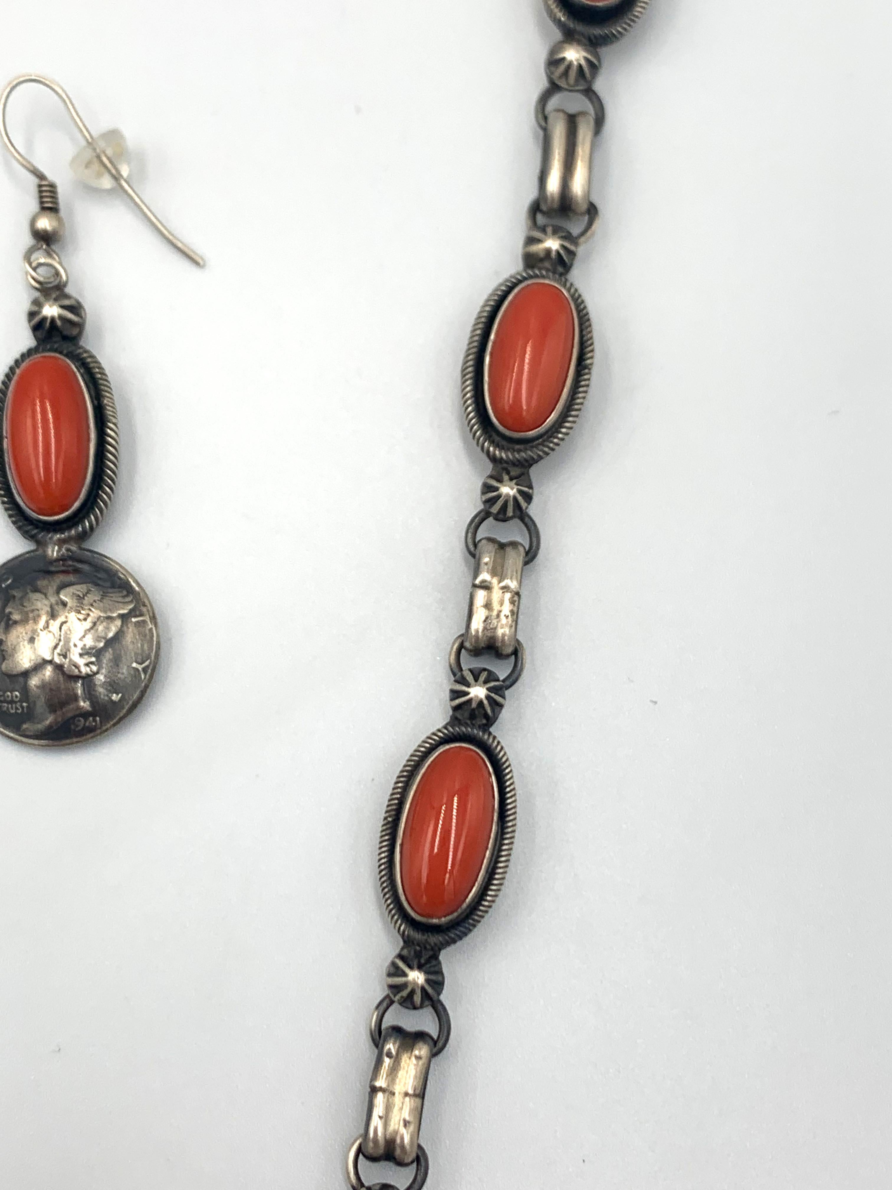 Coral & Morgan Dollar Necklace with Coral & Mercury Dime Earrings For Sale 9