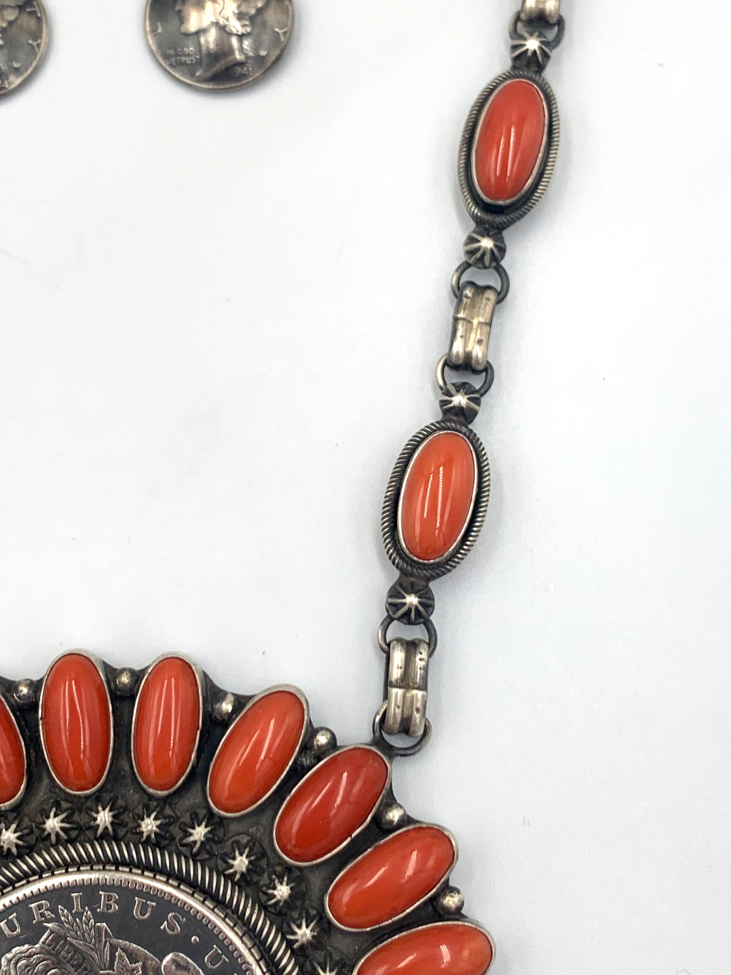 Coral & Morgan Dollar Necklace with Coral & Mercury Dime Earrings For Sale 10