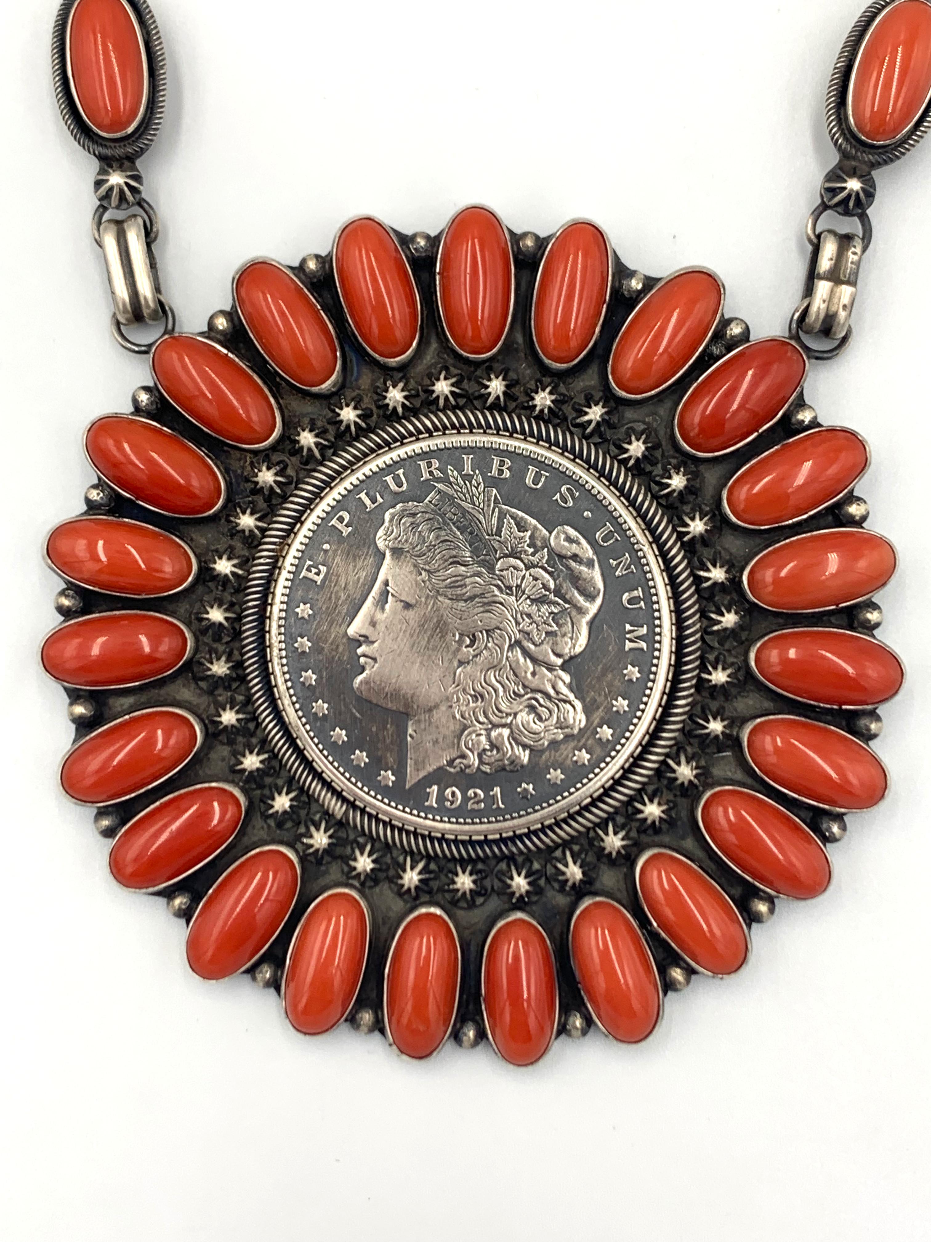 Native American Coral & Morgan Dollar Necklace with Coral & Mercury Dime Earrings For Sale