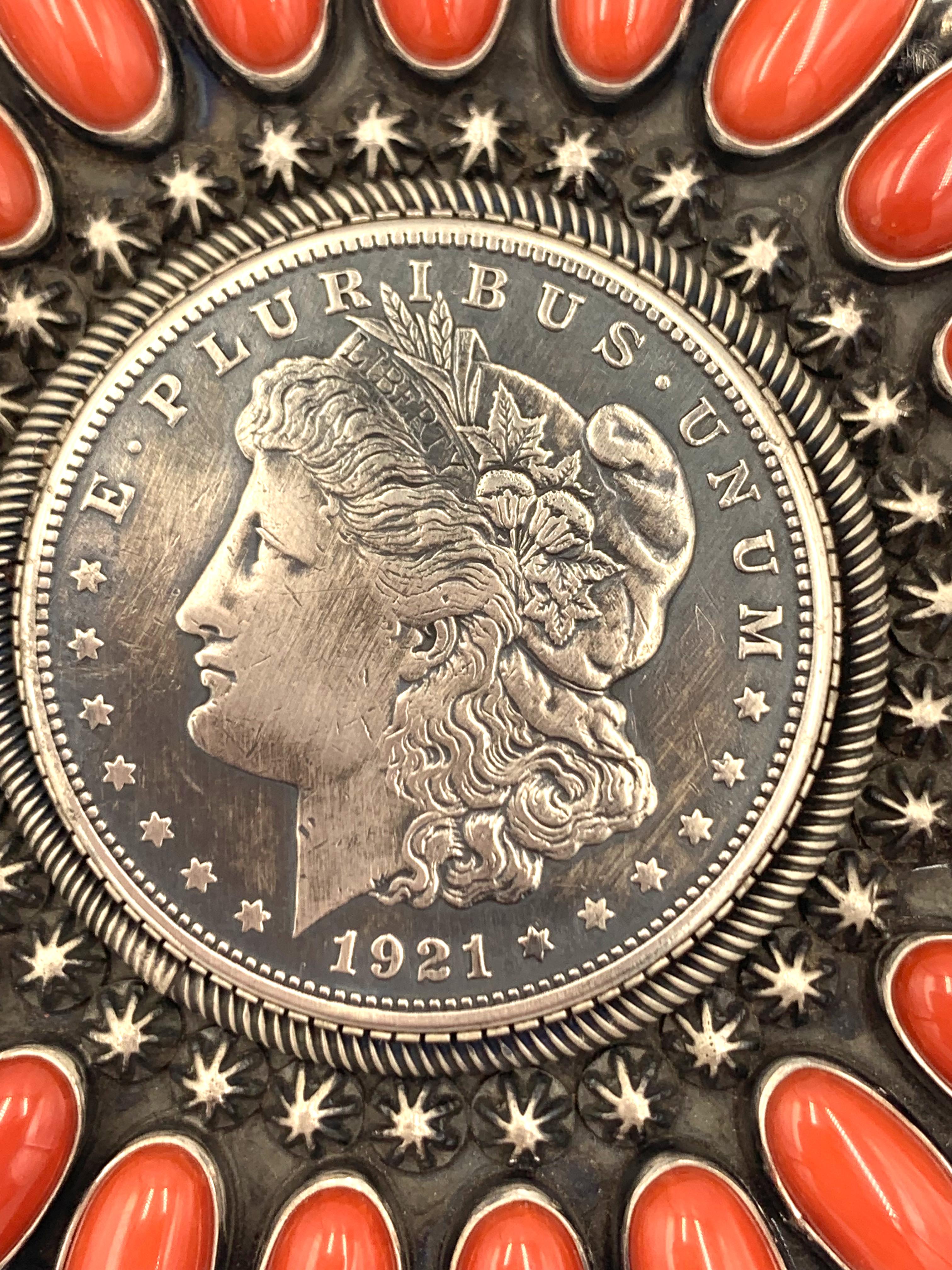 Coral & Morgan Dollar Necklace with Coral & Mercury Dime Earrings In New Condition For Sale In Scottsdale, AZ