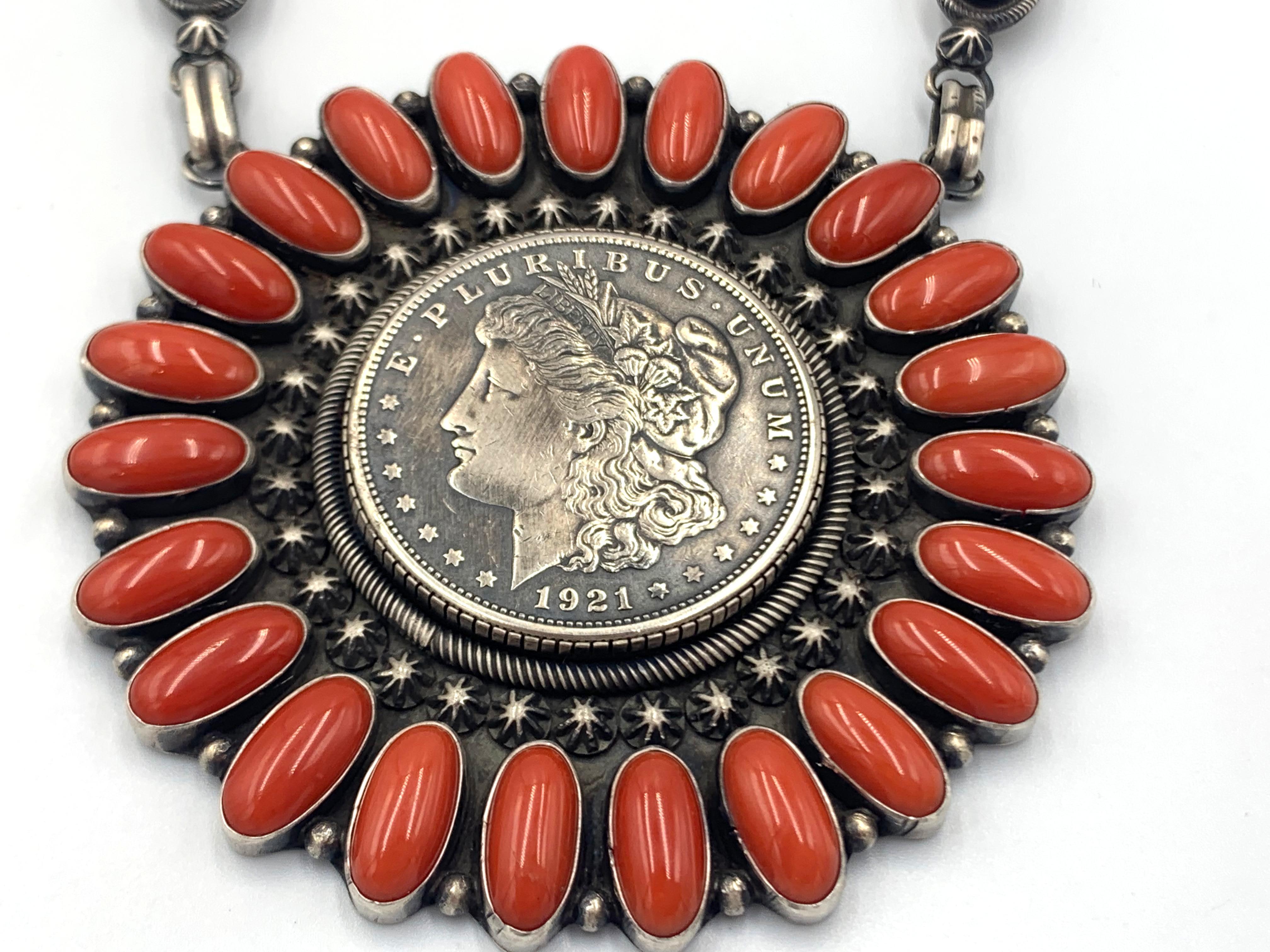 Women's or Men's Coral & Morgan Dollar Necklace with Coral & Mercury Dime Earrings For Sale