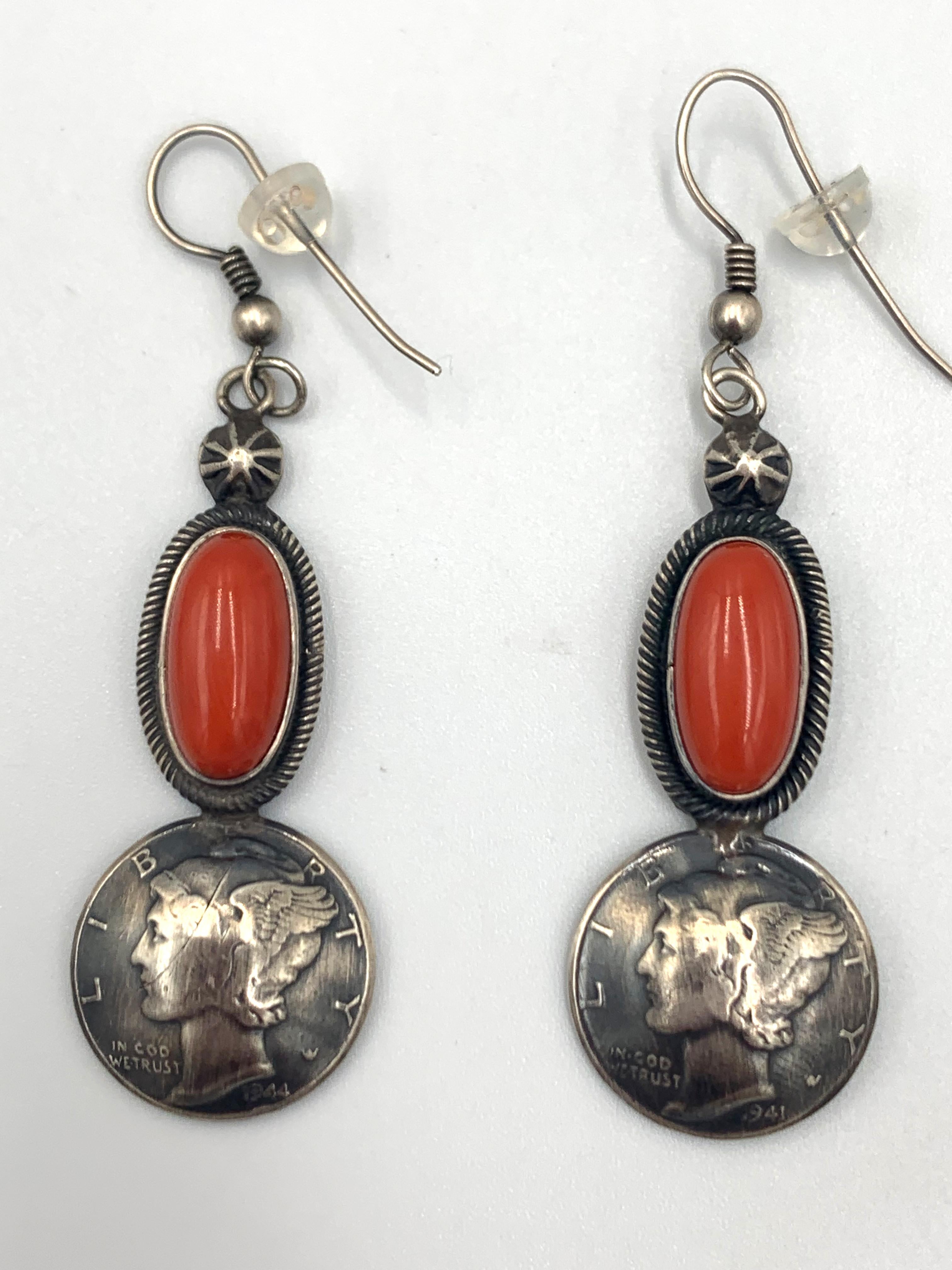 Coral & Morgan Dollar Necklace with Coral & Mercury Dime Earrings For Sale 1