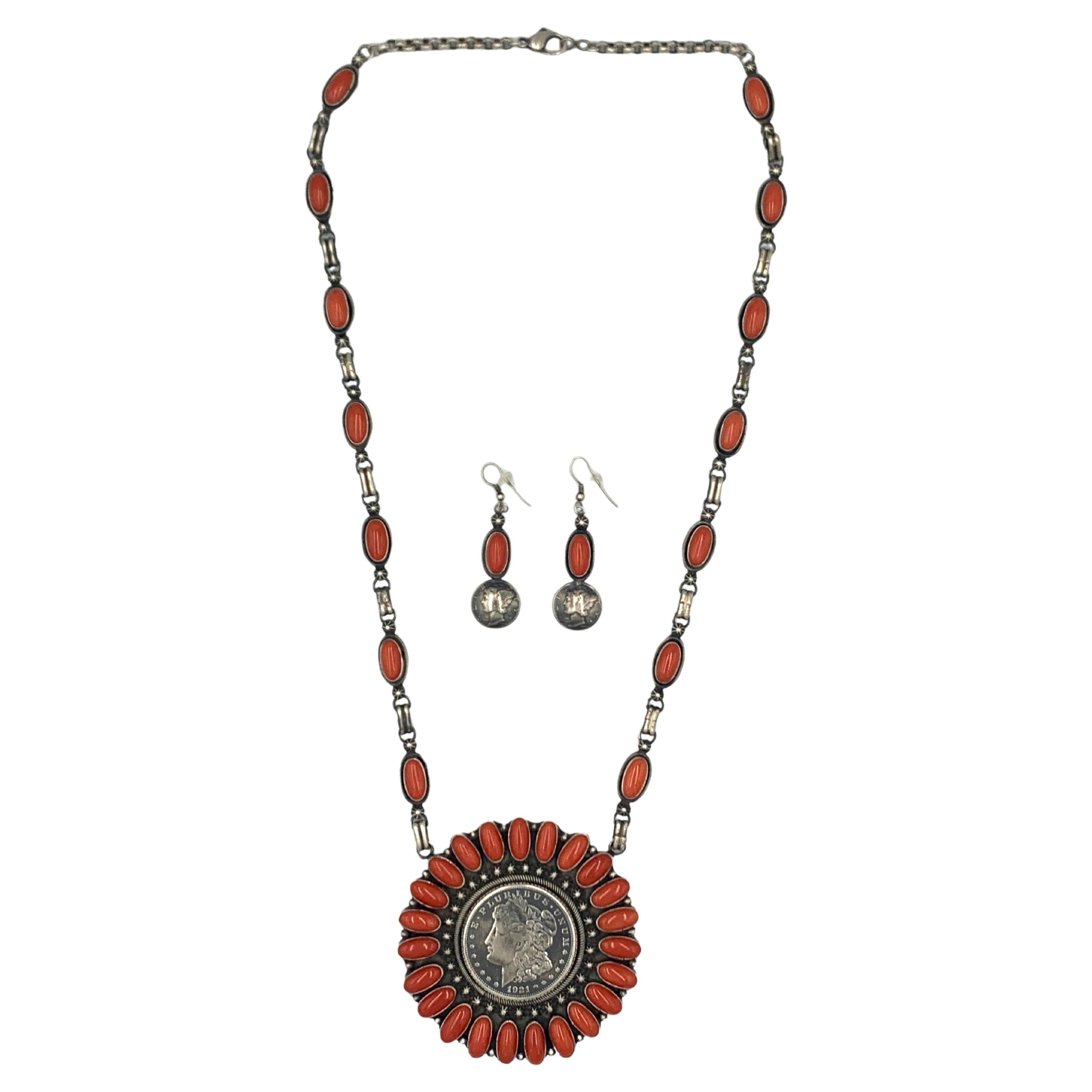 Coral & Morgan Dollar Necklace with Coral & Mercury Dime Earrings For Sale