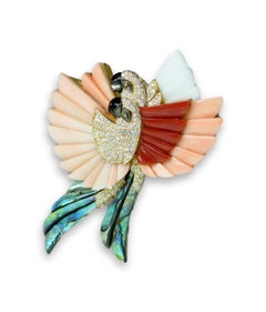 Coral Mother of Pearl Diamond and Onyx Diamond Parrot Brooch
