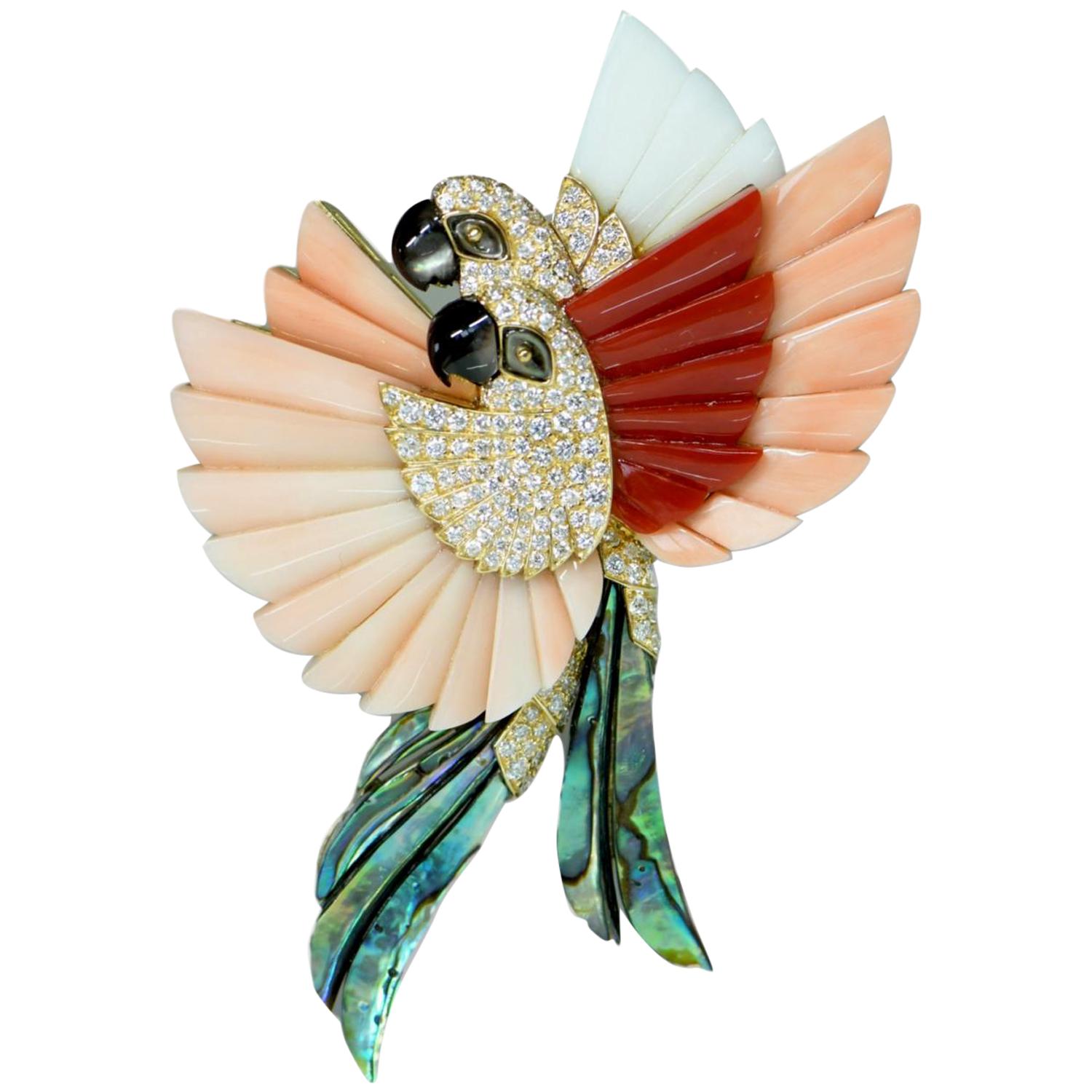 Coral Mother of Pearl Diamond and Onyx Diamond Parrot Brooch For Sale