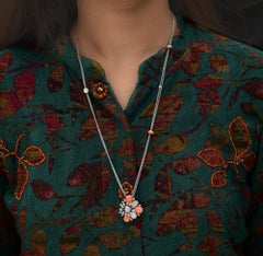 Coral Mother Of Pearl Diamond Floral Pendant Necklace 18K White Gold Jewelry