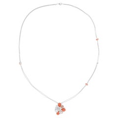 Coral Mother Of Pearl Diamond Floral Pendant Necklace 18K White Gold Jewelry