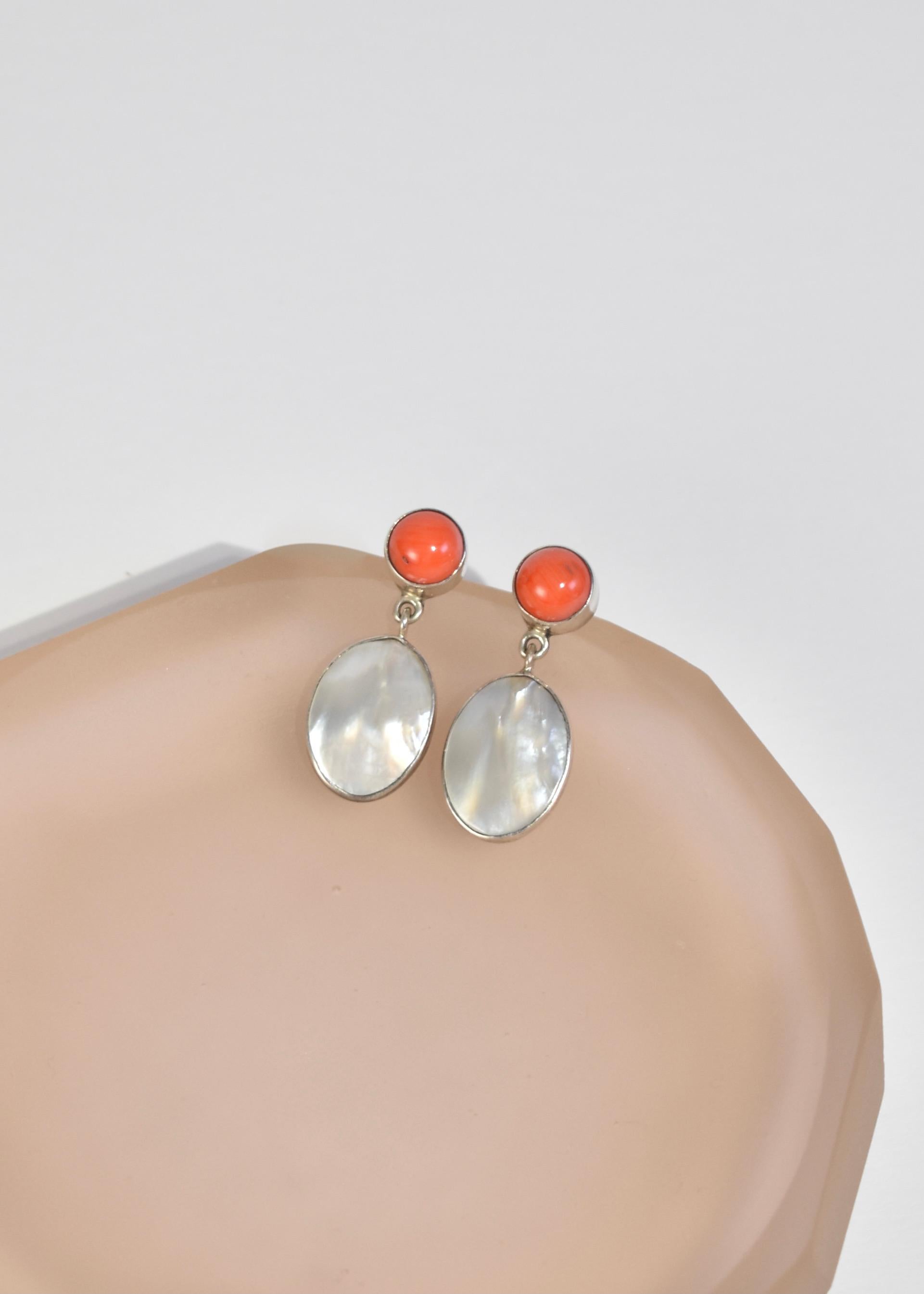 Cabochon Coral Mother of Pearl Earrings