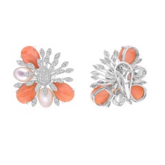 Coral Mother of Pearl Gemstone Earrings SI/H Diamond 18 Karat White Gold Jewelry