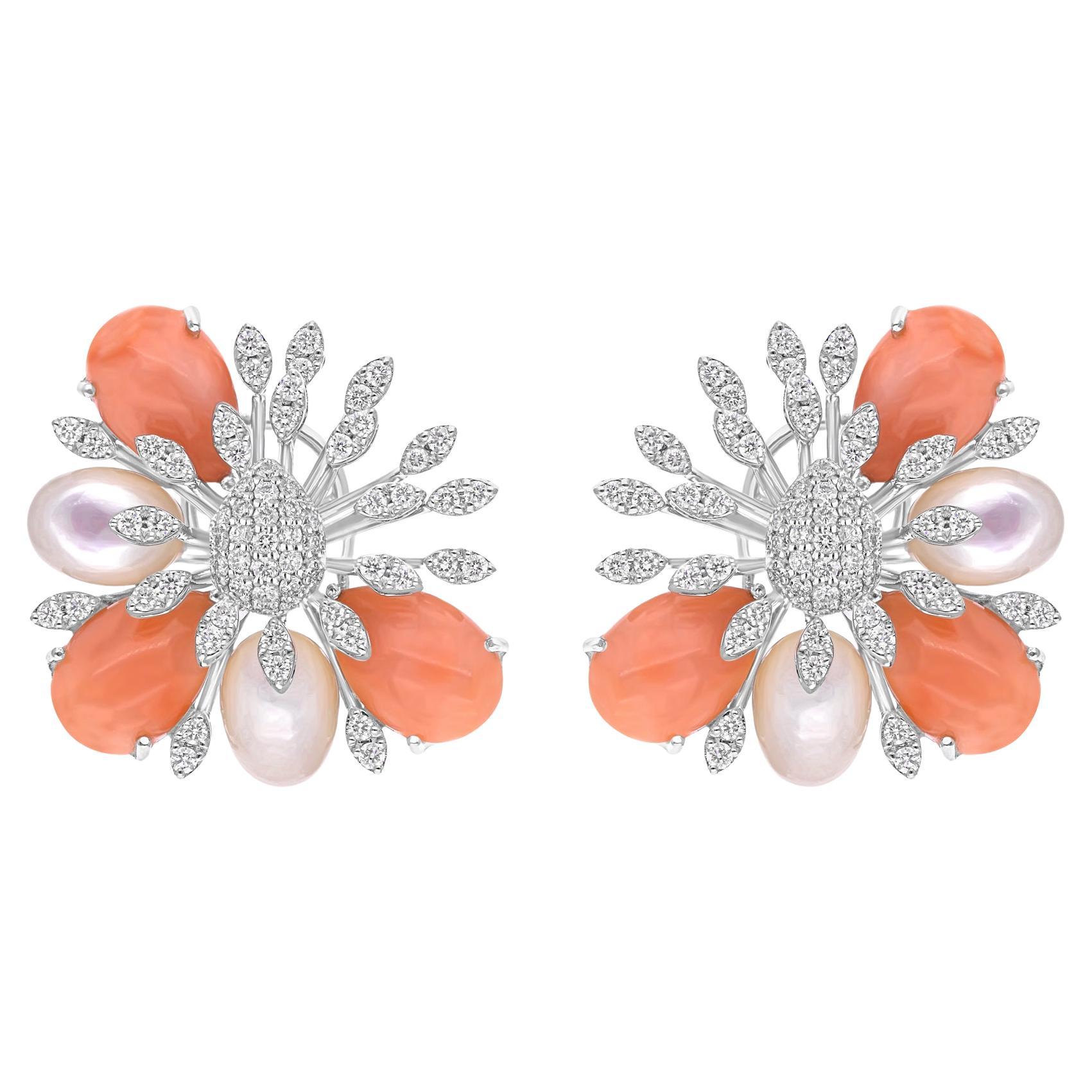 Coral Mother of Pearl Gemstone Earrings SI/H Diamond 18 Karat White Gold Jewelry