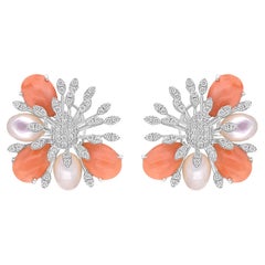 Pendientes de Coral Madreperla SI/H Diamante Joyas de Oro Blanco de 18 Kilates
