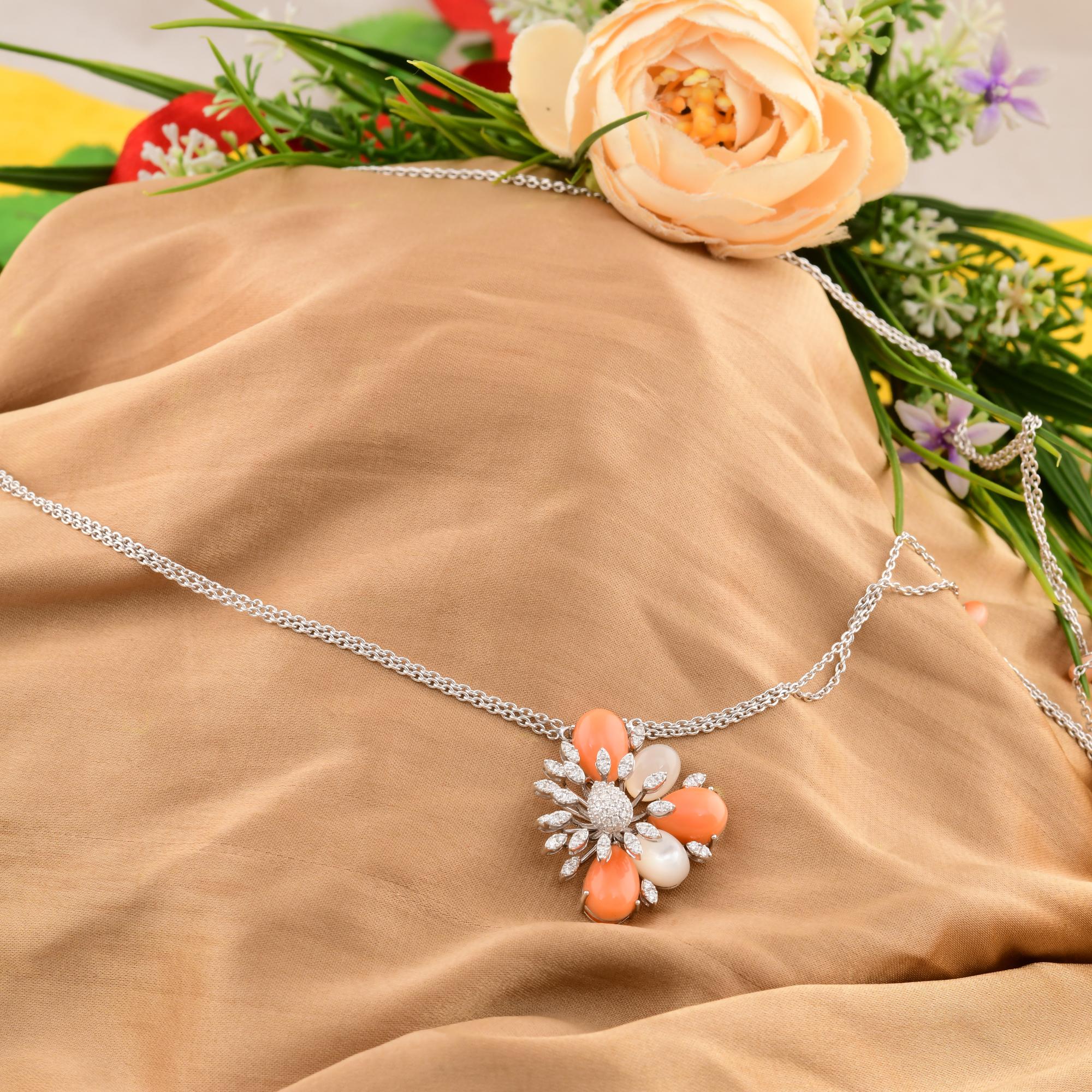 Moderne Corail Nacre Pendentif Pierres Gemmes SI/H Collier Diamant Or blanc 14 carats en vente