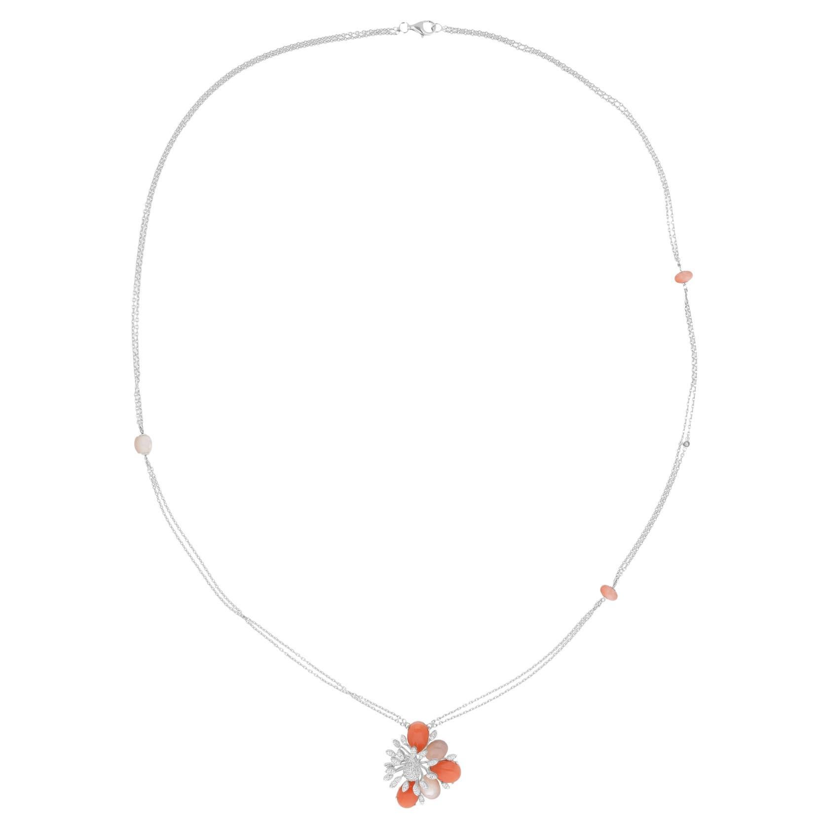 Coral Mother Of Pearl Gemstone Pendant SI/H Diamond Necklace 18 Karat White Gold