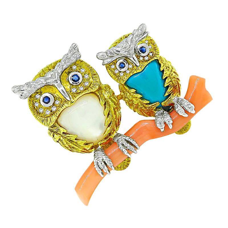 Round Cut Coral Mother of Pearl Turquoise Diamond Sapphire Owl Pin / Pendant For Sale
