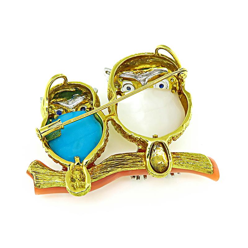 Coral Mother of Pearl Turquoise Diamond Sapphire Owl Pin / Pendant In Good Condition For Sale In New York, NY