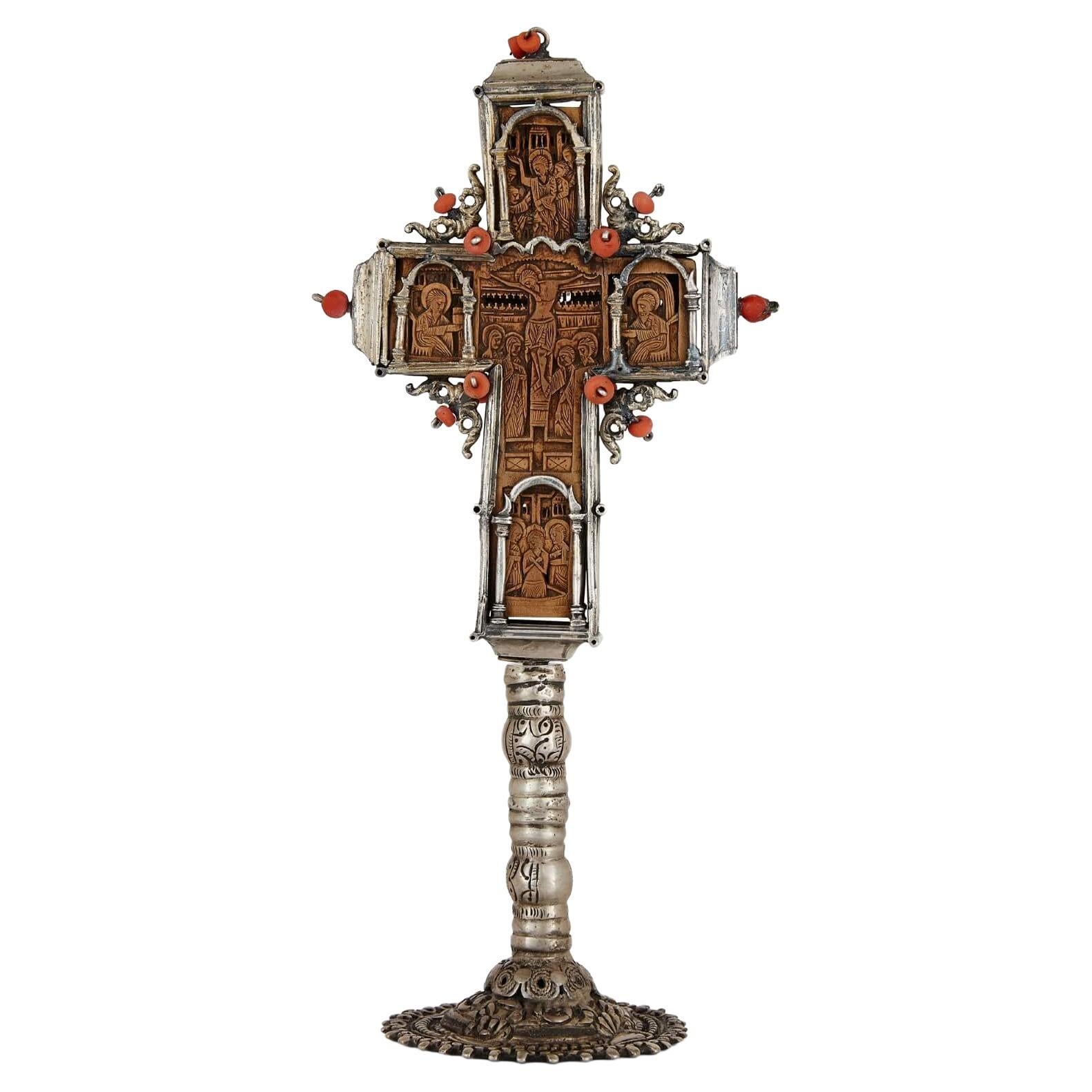 Antique Greek Orthodox carved wood and silver cross For Sale