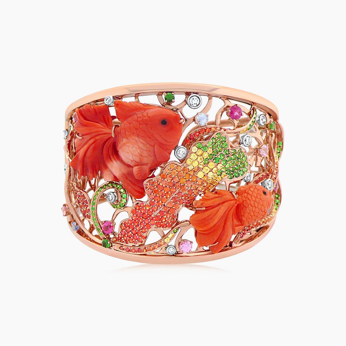 Taglio misto Bracciale a forma di pesce in oro rosa con corallo, zaffiro, tormalina e diamanti in vendita