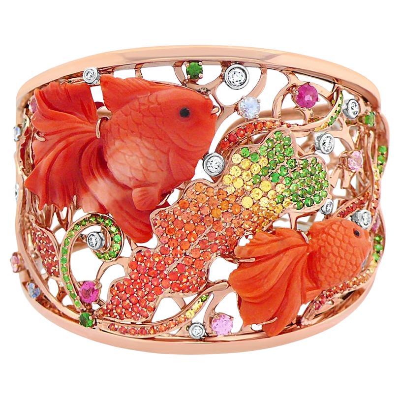 Bracciale a forma di pesce in oro rosa con corallo, zaffiro, tormalina e diamanti in vendita