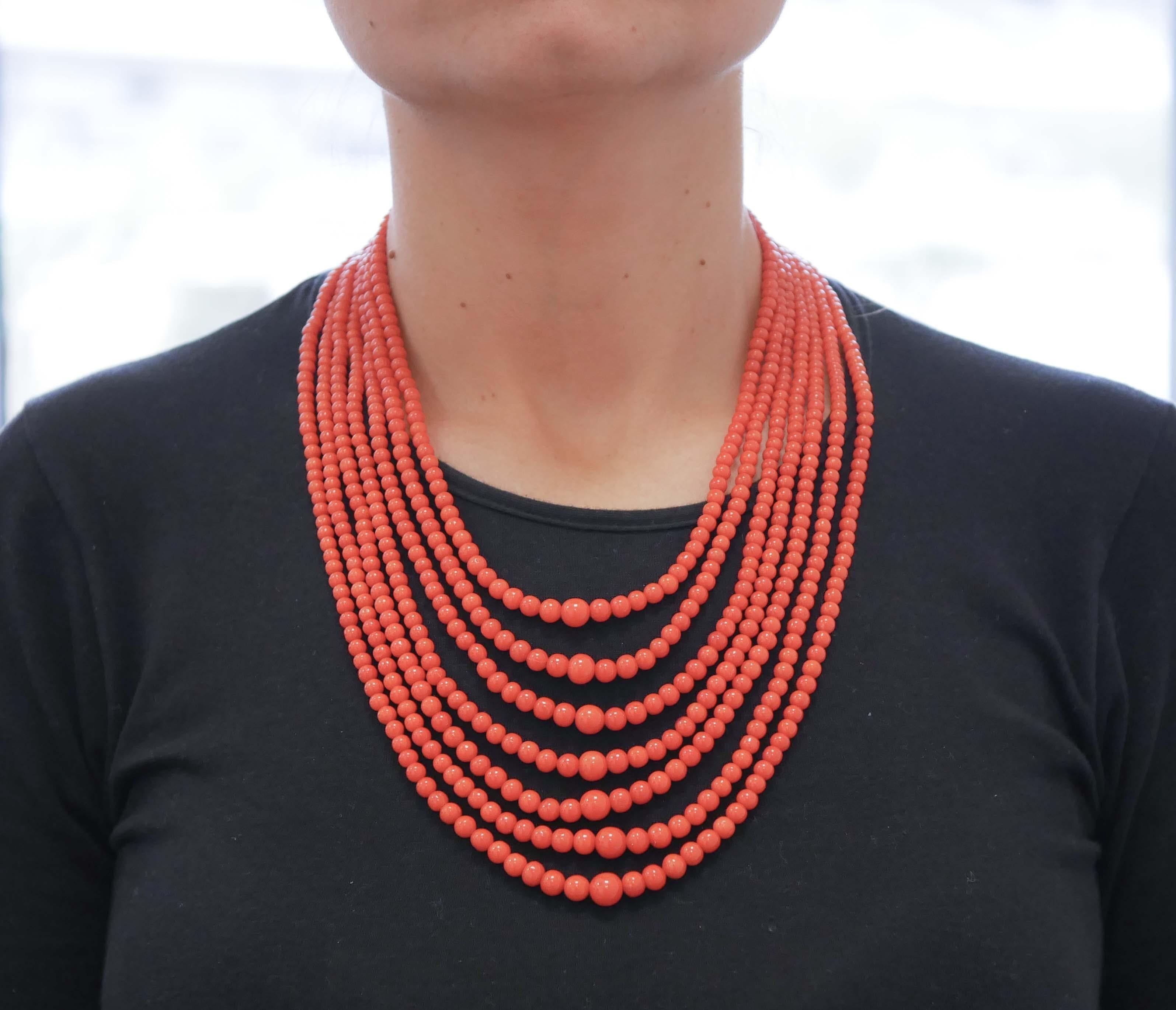 Round Cut Coral, Multi-Strands Necklace