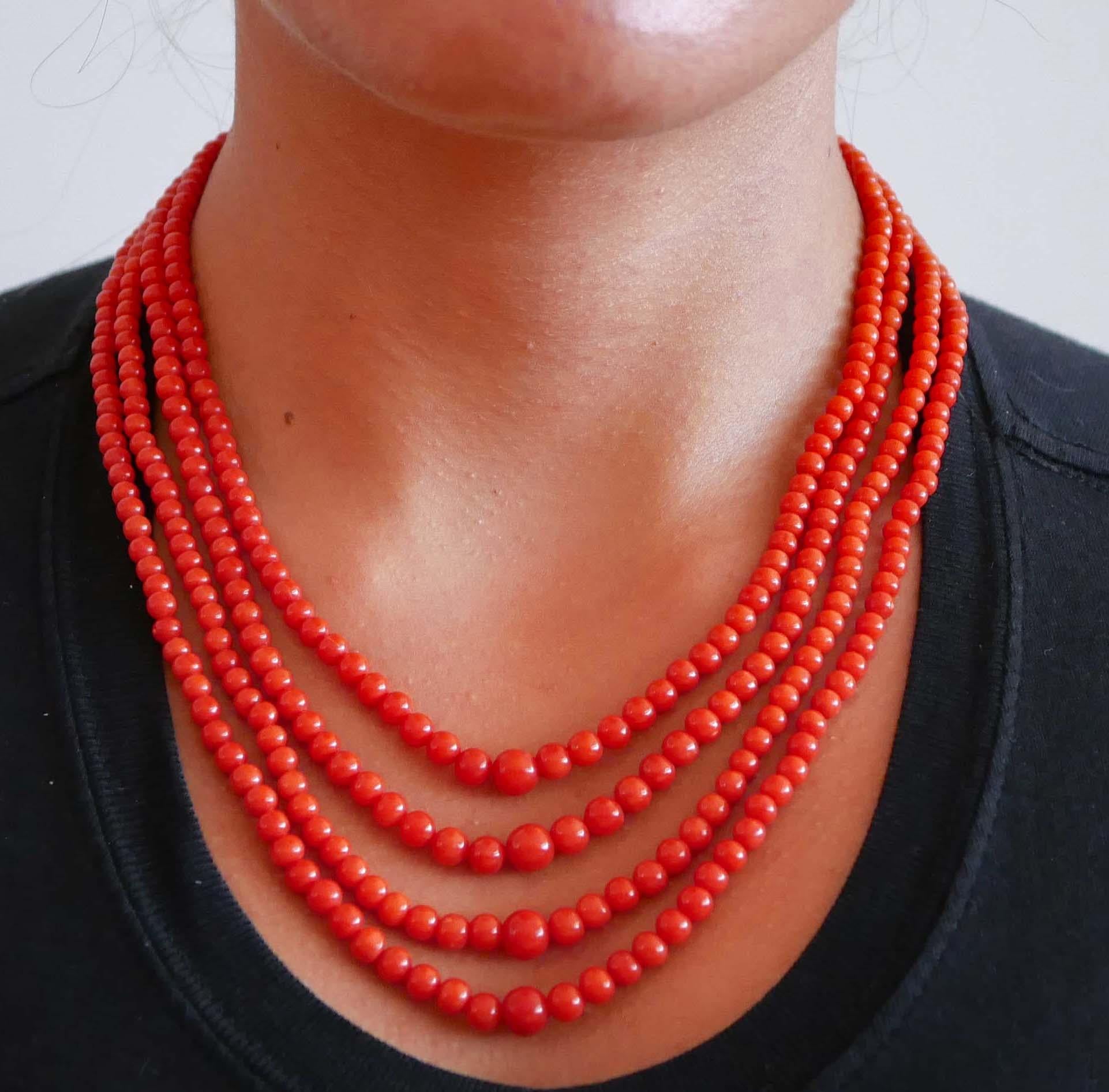 Round Cut Coral, Multi-Strands Necklace. For Sale