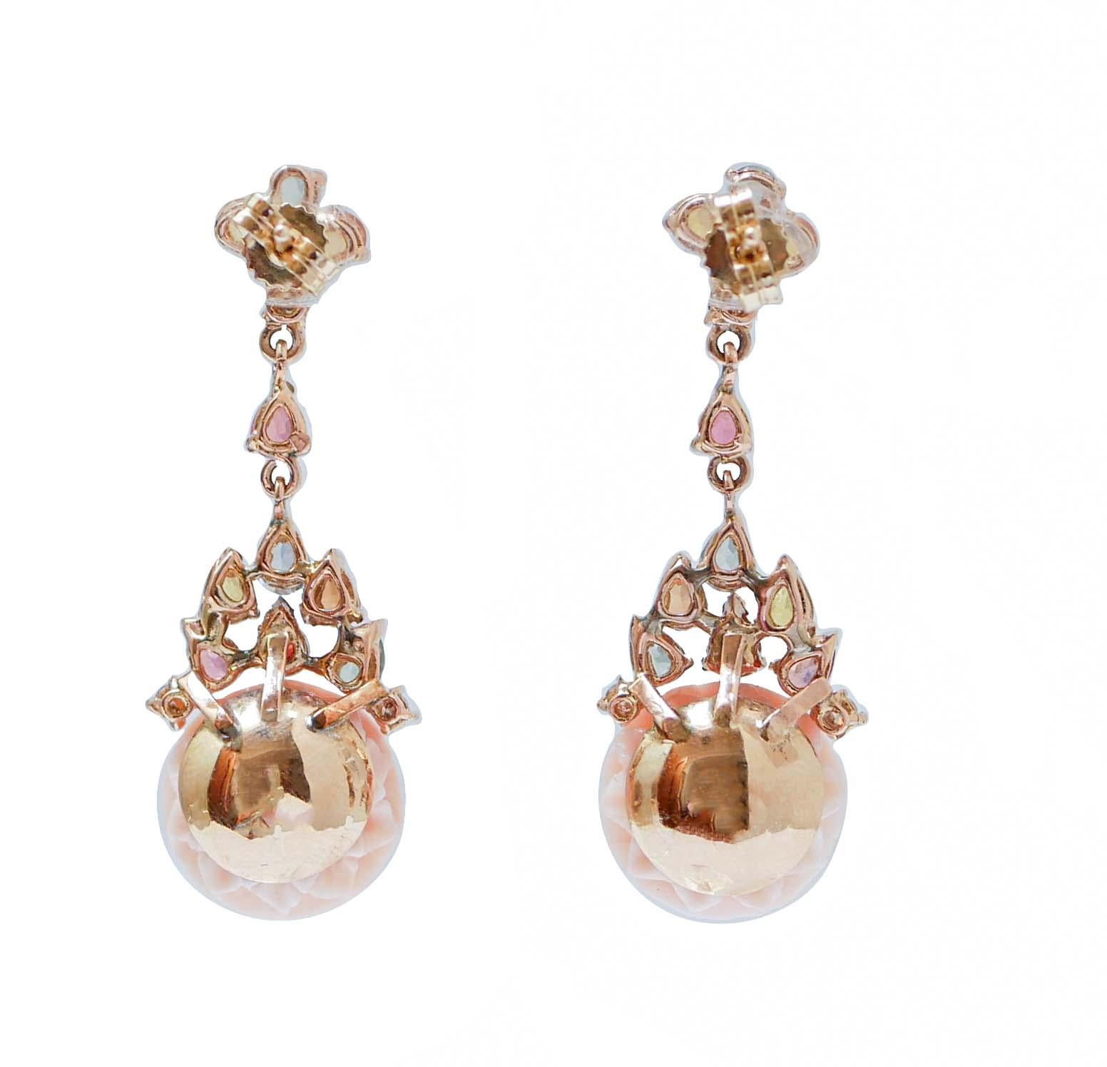 Retro Coral, Multicolor Sapphires, Diamonds, 14 Karat Rose Gold Earrings. For Sale