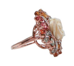 Coral, Multicolor Sapphires, Diamonds, Rose Gold and Silver Ring.