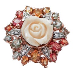 Coral, Multicolor Sapphires, Diamonds, Rose Gold and Silver Ring.