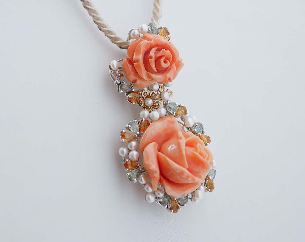Retro Coral, Multicolor Sapphires, Pearls, Diamonds, 14 Kt White Gold Pendant Necklace For Sale