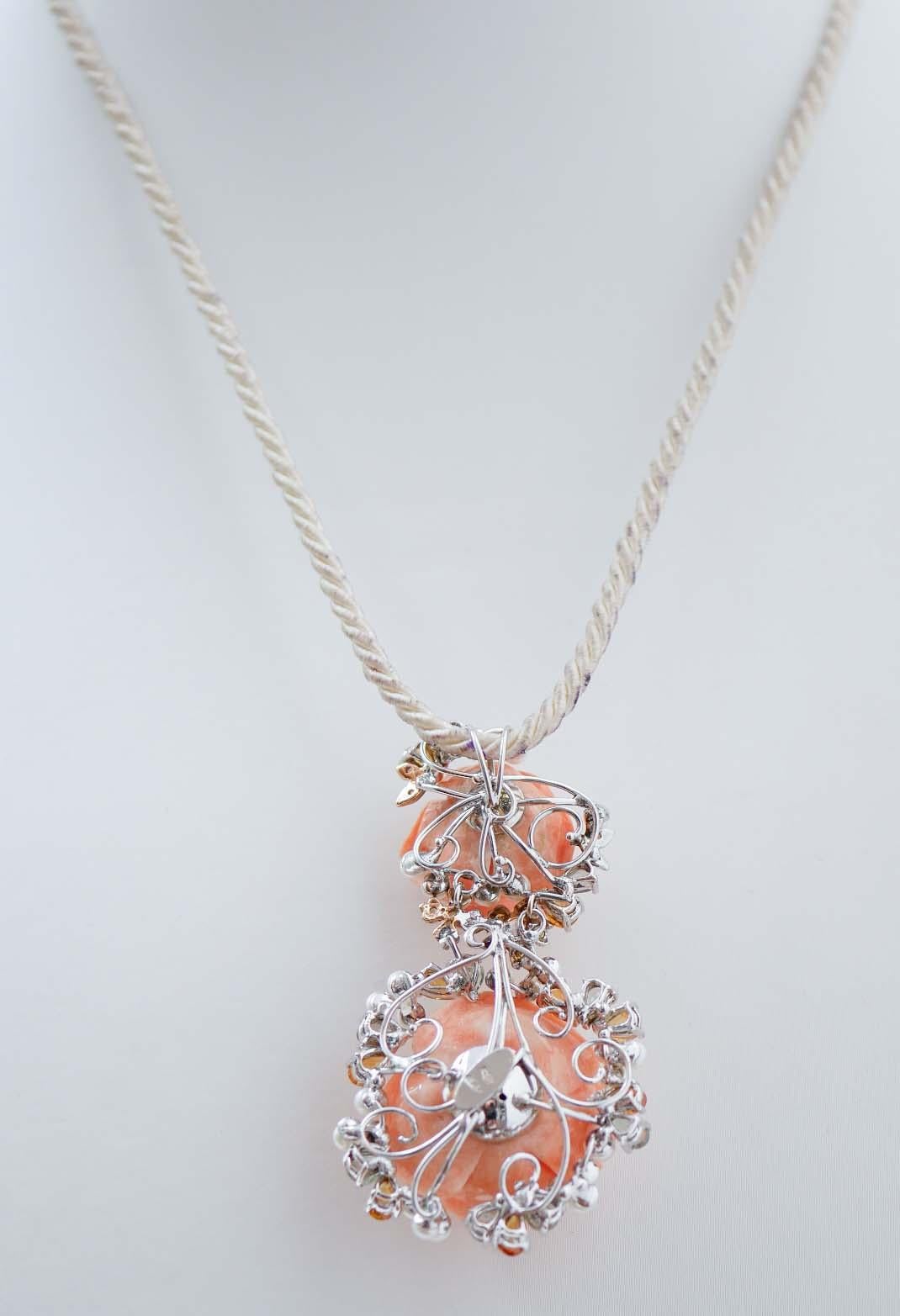 Mixed Cut Coral, Multicolor Sapphires, Pearls, Diamonds, 14 Kt White Gold Pendant Necklace For Sale