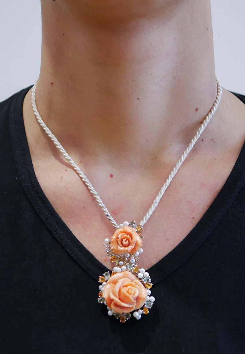 Women's Coral, Multicolor Sapphires, Pearls, Diamonds, 14 Kt White Gold Pendant Necklace For Sale