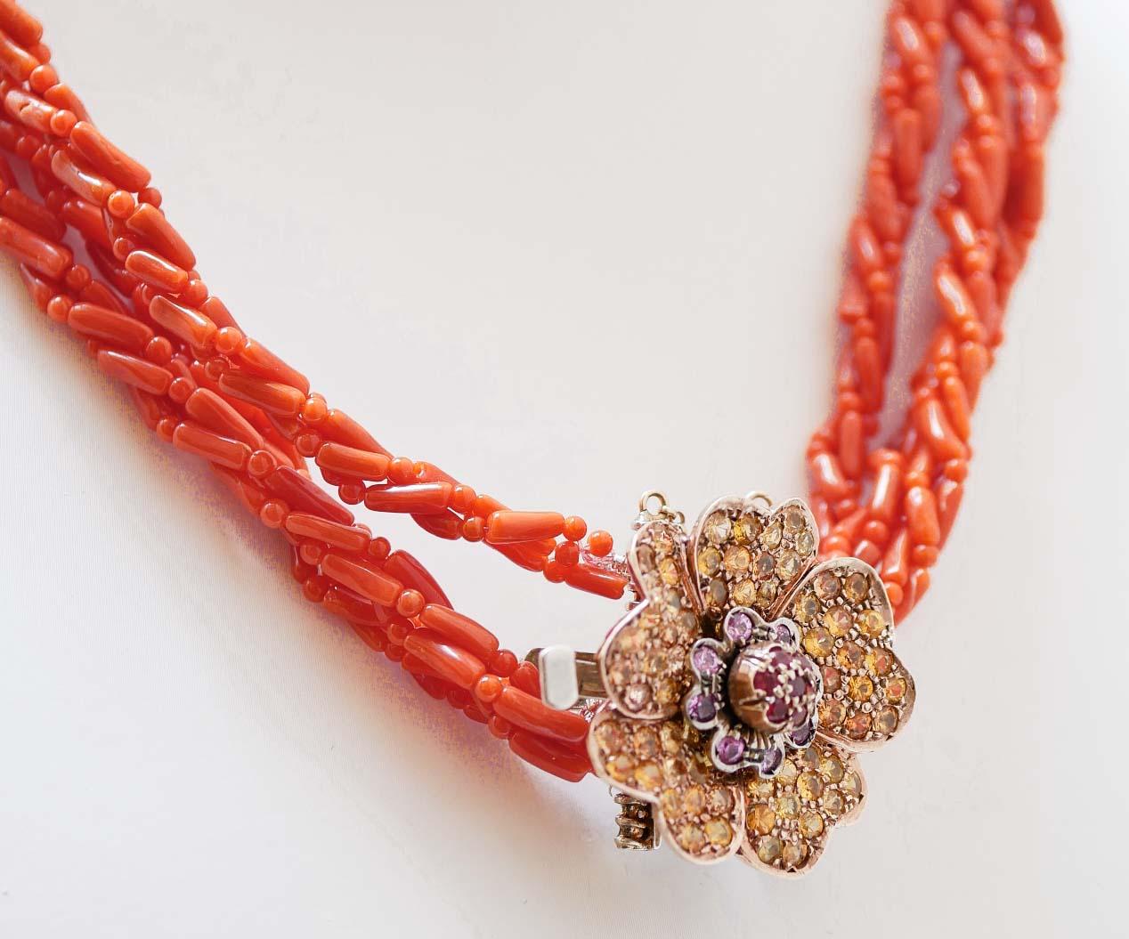 Retro Coral, Multicolor Sapphires, Rose Gold and Silver Necklace. For Sale